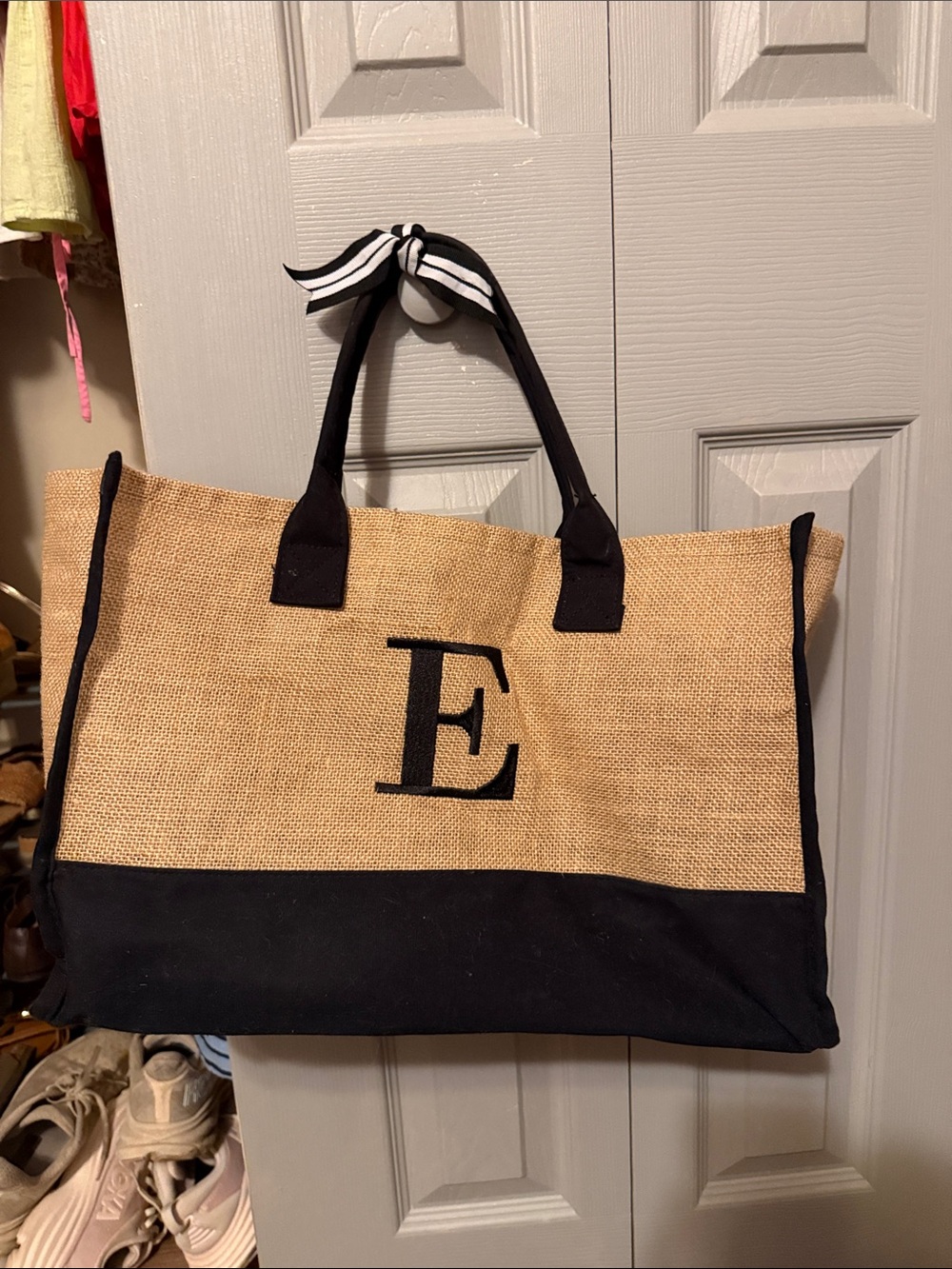 Amazon Two-Tone Jute Tote Bag with Black Trim and Monogram E